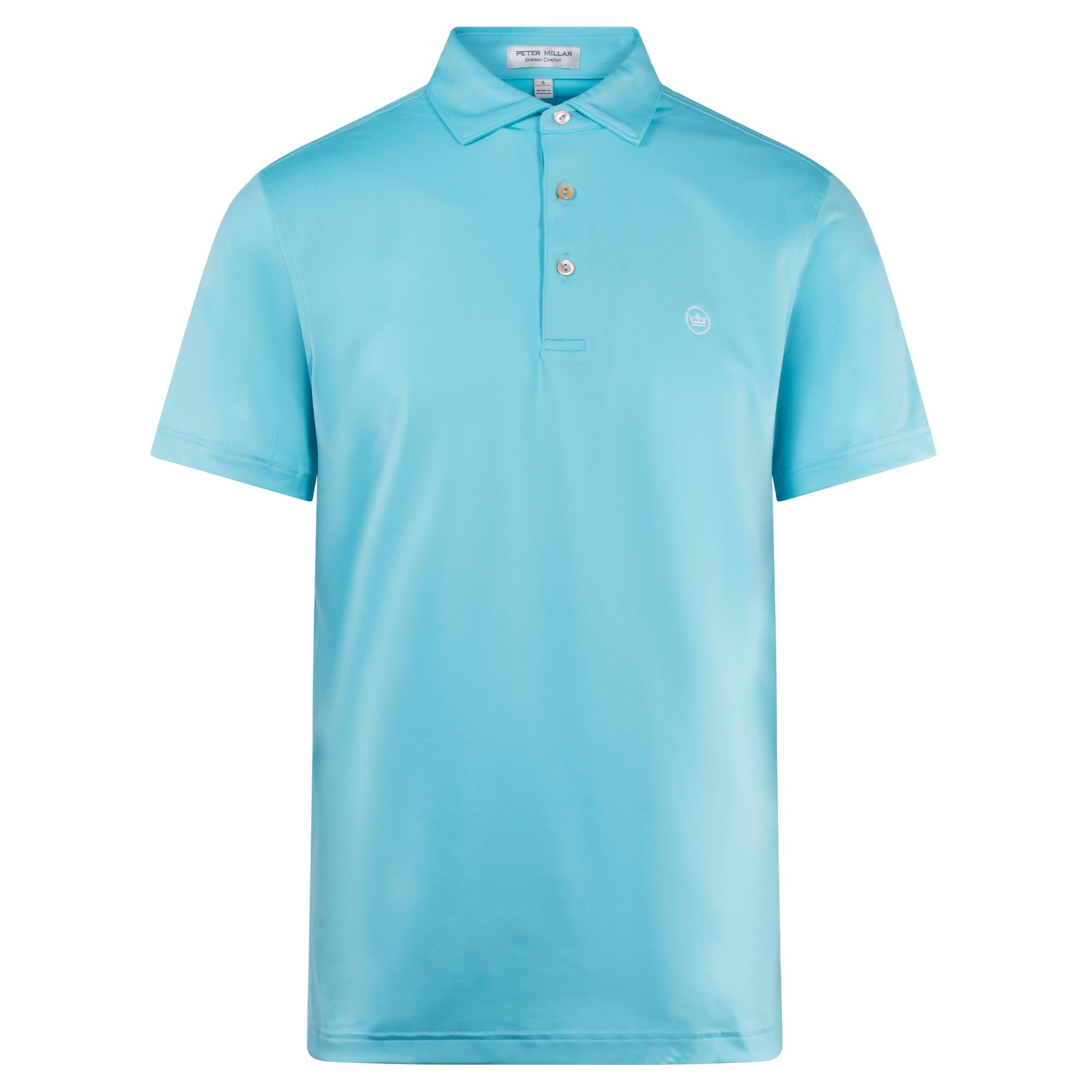 Front view of Peter Millar Solid Performance Jersey Polo Shirt in Maya Blue – classic mens golf polo shirt UK